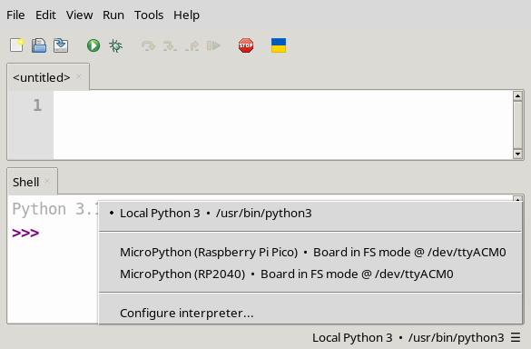 Keuze tussen de verschillende Python-versies, op de Raspberry Pi Pico of een lokale versie.